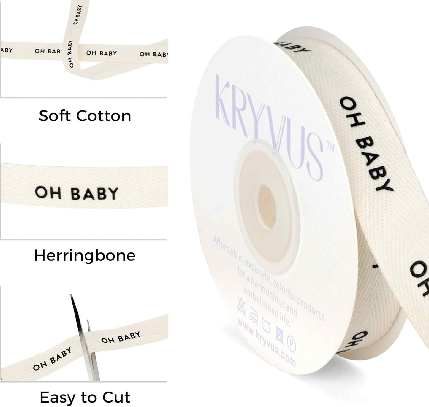 Baby Shower Ribbon - 5/8 Inch x 12 Yards Natural Twill Tape Ribbon, Cotton Herringbone Ribbons for Gift Wrapping, Birthdays, Christmas, Anniversaries, Valentine's Day, Mother's Day(OH Baby)