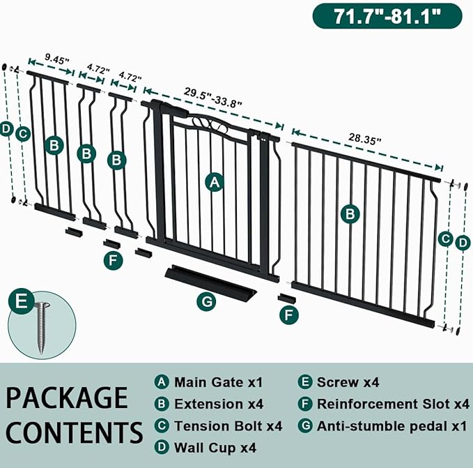 Fairy Baby 71.7"-81.1" Extra Wide Baby Gate for Doorways, Large Pet Gate for Wide Openings, Pressure Mounted Safety Child Gate for Stairs, Metal Auto Close Long Dog Gate with Door Walk Thru, Black