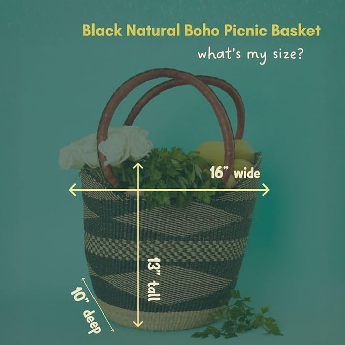 Black Natural Picnic Basket, Reusable Grocery Bag, Kitchen & Dining Storage, Countertop Fruits Holder, Farmers Market, Beach, Harvesting, Foraging, Decorative, Wicker, Woven, Boho Style