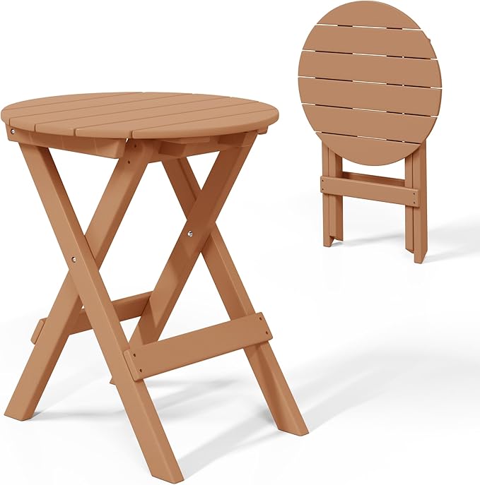 Costaelm Paradise HDPE Outdoor 24.5 Inch Round Portable Folding Patio Dining Table, Teak