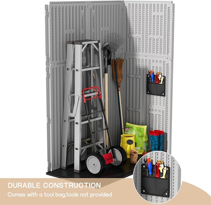 KINYING Outdoor Vertical Storage Shed,57 Cu.ft Outdoor Storage Cabinet Waterproof,Resin Sheds & Outdoor Storage Clearance for Garden,Patio,Backyard,Lockable (Grey)