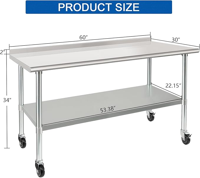 HARDURA Stainless Steel Table 30 x 60 Inches with Wheels Casters NSF Heavy Duty Commercial Prep Table with 2” Backsplash and Adjustable Undershelf for Restaurant Kitchen Home and Hotel