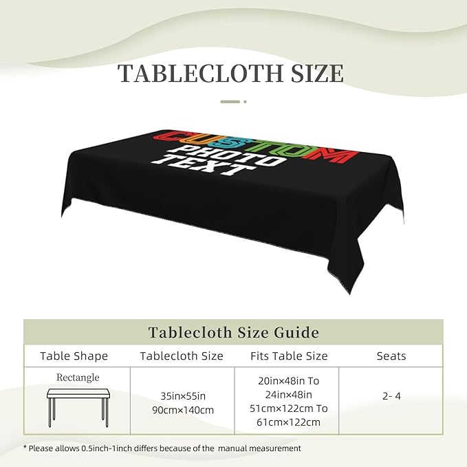 Custom Rectangle Table Cloth, Add Your Own Photo Logo Text, Personalized Tablecloth, Customizable Oil Proof Wipeable Table Cover for Wedding, Party, Restaurant, Outdoor, Picnic, 35x55in