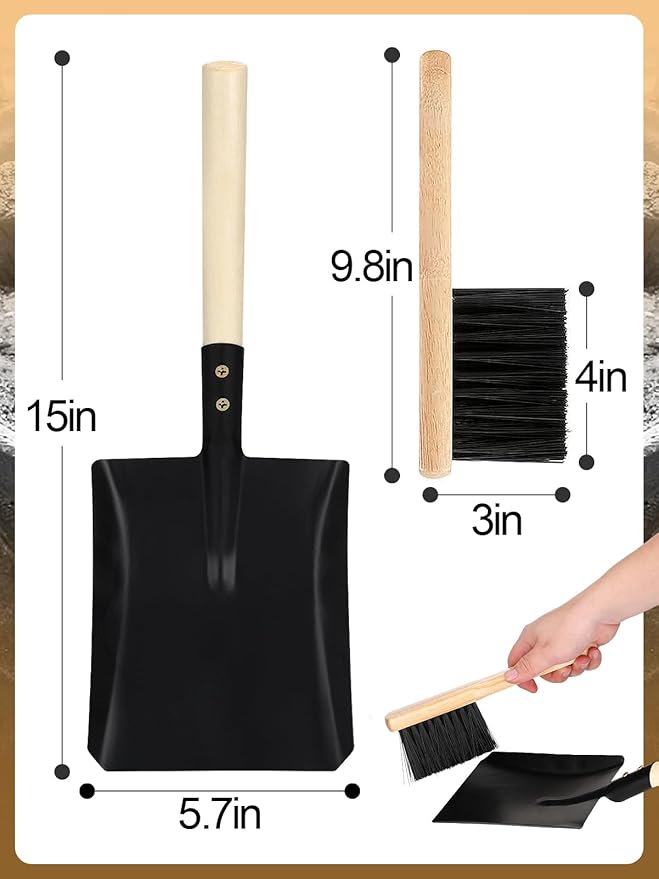 Fireplace Ash Shovel and Brush Set- Upgraded Metal Coal Shovel and Hearth Brush Set Large Fireplace Tools, Fire Pit Accessories for Fireplace Wood Stove Hearth Cleaning