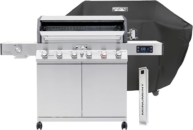 Monument Grills 6+1 Burner Smart Tech Propane Gas Grill, Denali 605Pro Stainless Steel Grill 78,000 BTU Outdoor Patio Yard Barbecue Grill with Side Sear Burner, Smoker Box, Cover and Rotisserie Kit