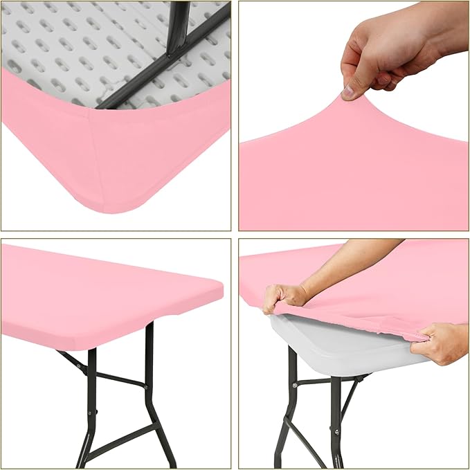 10 Pack Fitted Tablecloth for 6 Foot Rectangle Tables, Pink Elastic Outdoor Picnic Table Cover, Washable Stretch Folding Table Cloths 6 ft for Camping Party Patio Kitchen Banquet, 30" W x 72" L