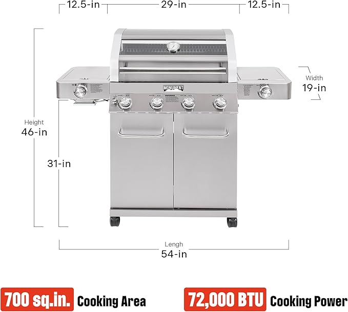Monument Grills Larger 4-Burner Propane Gas Grills Stainless Steel Cabinet Style with Infrared Side Sear & Side Burners with Cooking Plate(2 Items), Outdoor Use
