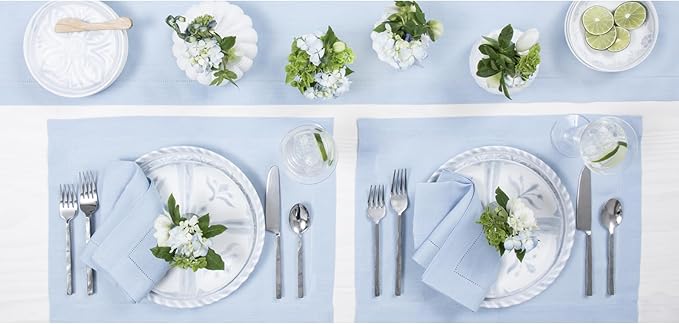 Solino Home Linen Sky Blue Table Runner 156 Inches Long - 100% Pure Linen Extra Long Table Runner 14 x 156 Inch for Spring, Easter - Classic Hemstitch