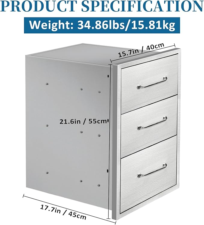 Outdoor Kitchen Drawers 15.7"Wx21.6"Hx17.7"D Flush Mount Access 3-Drawer BBQ Stainless Steel Drawers with Handle for Outdoor Kitchen Island or Grill Station