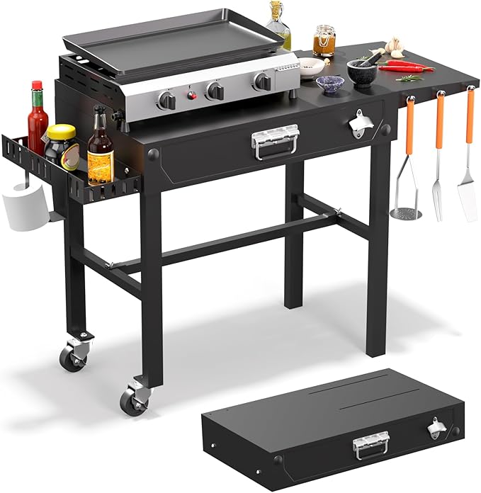 Grill Cart, Portable Grill Table for Blackstone Griddle, Foldable Outdoor BBQ Stand with Side Tray ＆ Hooks, Movable Pizza Oven Table for Outdoor Use, Fit 17"/25"/30" Large Space