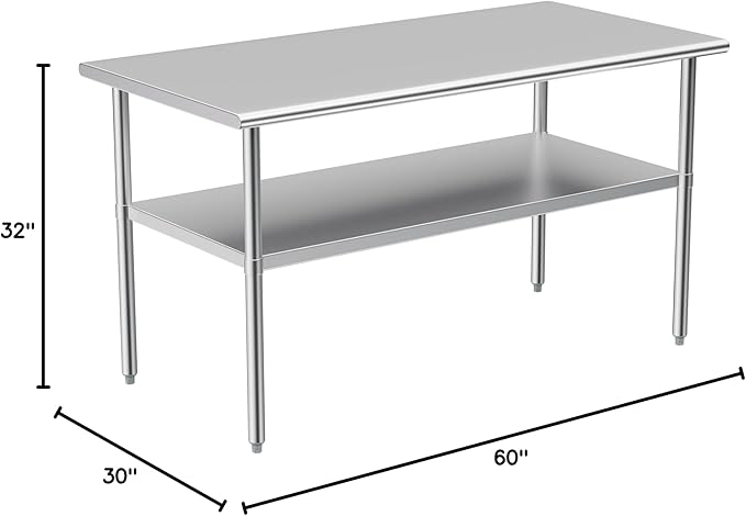 Stainless Steel Table for Prep & Work, 30x60 Inches, NSF Metal Commercial Heavy Duty Table with Adjustable Under Shelf and Foot for Restaurant, Home and Hotel