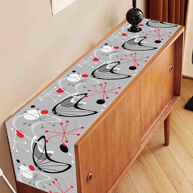 Mid Century Table Runner, Retro 1950s Atomic Minimalist Modern Abstract Geometric Gray Coffee Table Center Decor for Home Kitchen Dining Patio Holiday Party Table Decorations, 13"x108" Inch