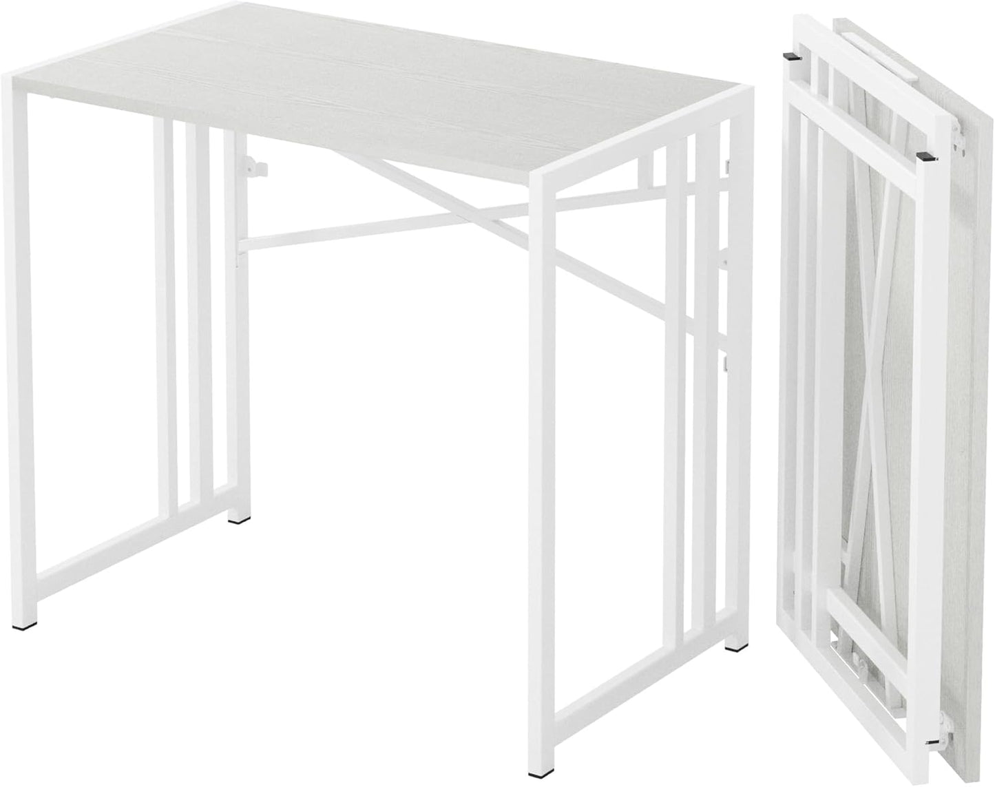 Small Folding Desk 35 inch, No Assembly Required Narrow Office Desk, Writing Gaming Computer Camping Table, White