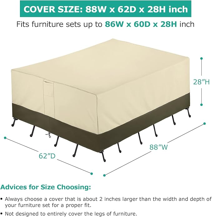 SunPatio Patio Furniture Covers, 600D Waterproof Rectangular/Oval Dining Table and Chairs Cover, All-Weather Protection Outdoor Sectional Conversation Set Cover, Beige and Olive, 88"W x 62"D x 28"H