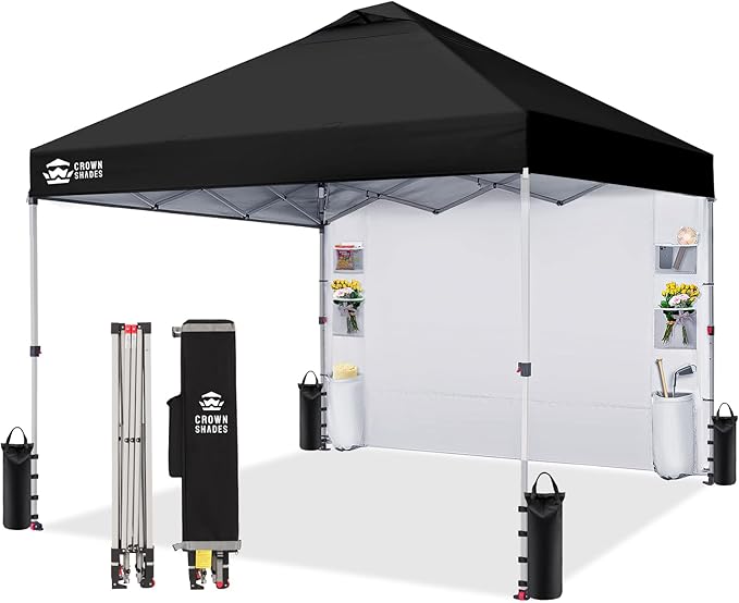 CROWN SHADES Canopy Tent, 10 x 10 Foot Portable Pop Up Outdoor Shelter with Pocket Sidewall, Push Center Lock, UV Protection, and Carry Bag, Black