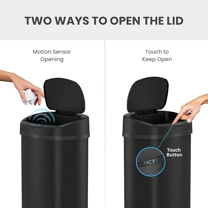 iTouchless 13 Gallon Automatic Sensor Trash Can with Lid, AbsorbX Odor Control System, Matte Black Stainless Steel Kitchen Garbage Bin, Fingerprint-Proof, Hands-Free Operation, Oval