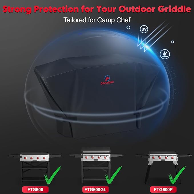 Comnova Griddle Cover for Camp Chef FTG600 - Premium 600D Outdoor Flat Top Grill Cover Heavy Duty & Waterproof for Camp Chef 4 Burner Griddle FTG600, FTG600P, and FTG600GL - 63.5 x 22 x 36 Inch