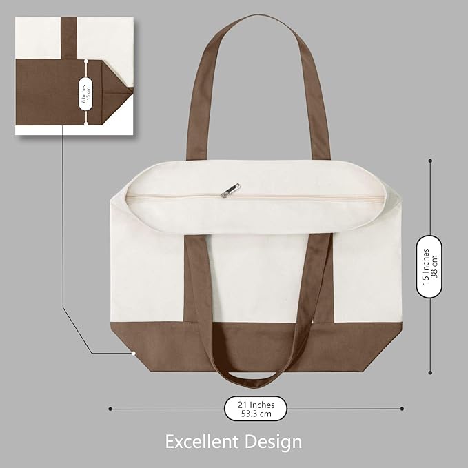 TOPDesign 6-Pack Canvas Tote Bags with an External Pocket, Reusable Grocery Shopping Bags, Top Zipper Closure, Daily Essentials (Brown/Natural)