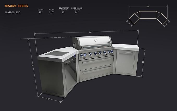 Mont Alpi MAi805-45 44-inch 6-Burner 115000 BTU 45 Degree Stainless Steel Gas Outdoor Kitchen Bar Barbecue Island Grill + Infrared Side & Rear Burners + Granite Countertops + Storage Drawers
