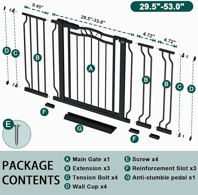 Fairy Baby 29.5"-53.1" Extra Wide Baby Gate for Doorways, No Drill Baby Gate for Stairs Hallway, Pressure Mounted Safety Child Gate Pet Barrier, Walk Thru Auto Close Metal Dog Gate Indoor, Black