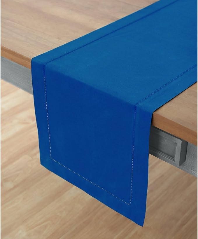 Solino Home Blue Hemstitch Table Runner 36 Inches - Cotton Linen Small Table Runner 14 x 36 Inch Ideal for Dresser and Coffee Tables