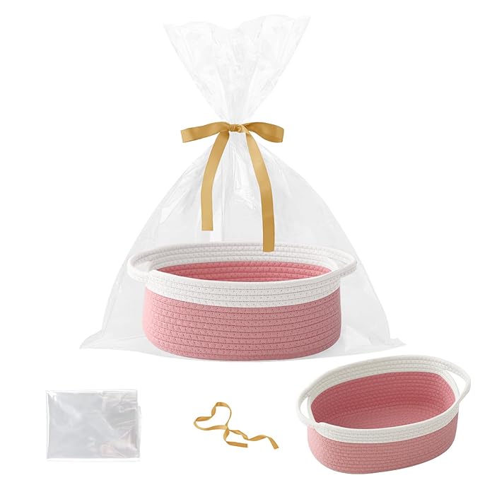 Gift Basket with Gift Bag and Ribbons,Small Rope Woven Shelf Storage,Baskets for Gifts Empty,Birthday,Baby Shower,Decorative Organizer Box with Handles(White&Pink)