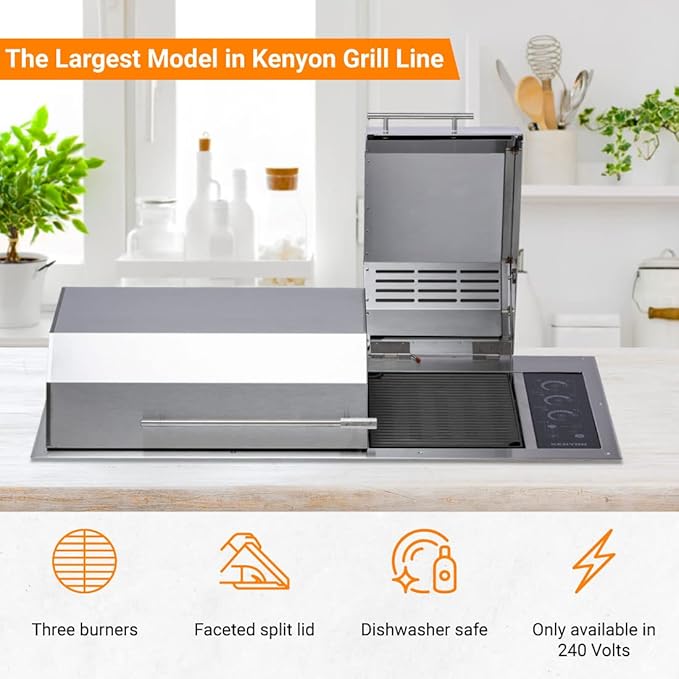 Kenyon The Big American Grill, Electric Grill With 3 Burners And 2 Piece Lid, Stainless Steel Body, Rust-Proof Grill With IntelliKEN Touch Control, UL-Approved For Indoor And Outdoor Use, 240V
