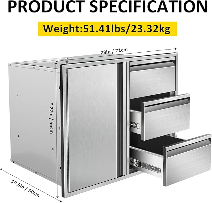 Outdoor Kitchen Door Drawer Combo Cabinet 28" W x 22" H x 19.5" D Stainless Steel Built-in Triple Drawers&Access Door Combo Cabinet for Outdoor Kitchen Island