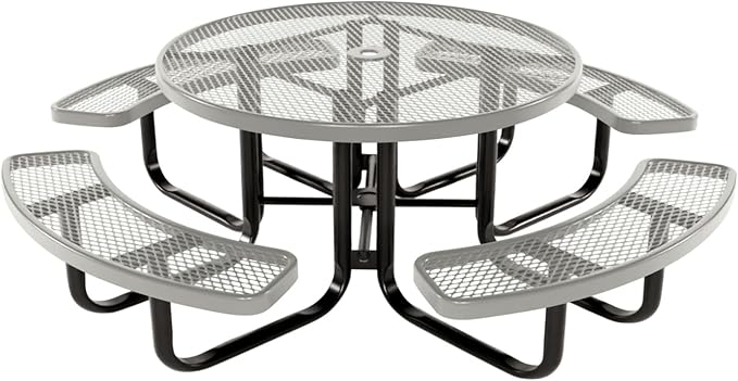 COATEDOUTDOORFURNITURE Heavy-Duty Portable Outdoor Kids Table with Umbrella Hole, Expanded Metal Kids Picnic Table, Commercial-Grade, Made in America (46 in, Round, Childrens, Gray)