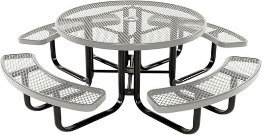 COATEDOUTDOORFURNITURE Heavy-Duty Portable Outdoor Kids Table with Umbrella Hole, Expanded Metal Kids Picnic Table, Commercial-Grade, Made in America (46 in, Round, Childrens, Gray)