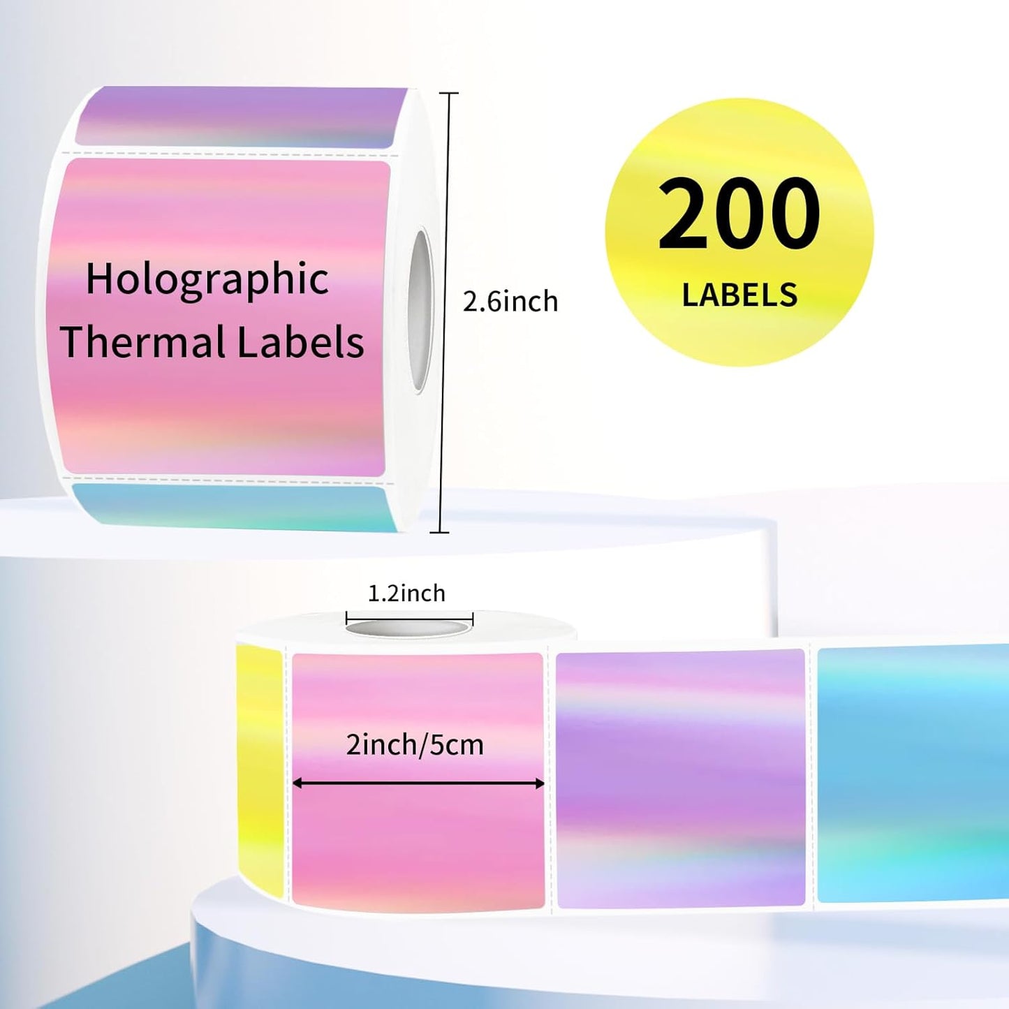 Square Thermal Labels Stickers 2" x 2", Holographic Thermal Stickers Labels, Glitter Self-Adhesive Direct Thermal Label for Small Business- Holographic 5 Colors