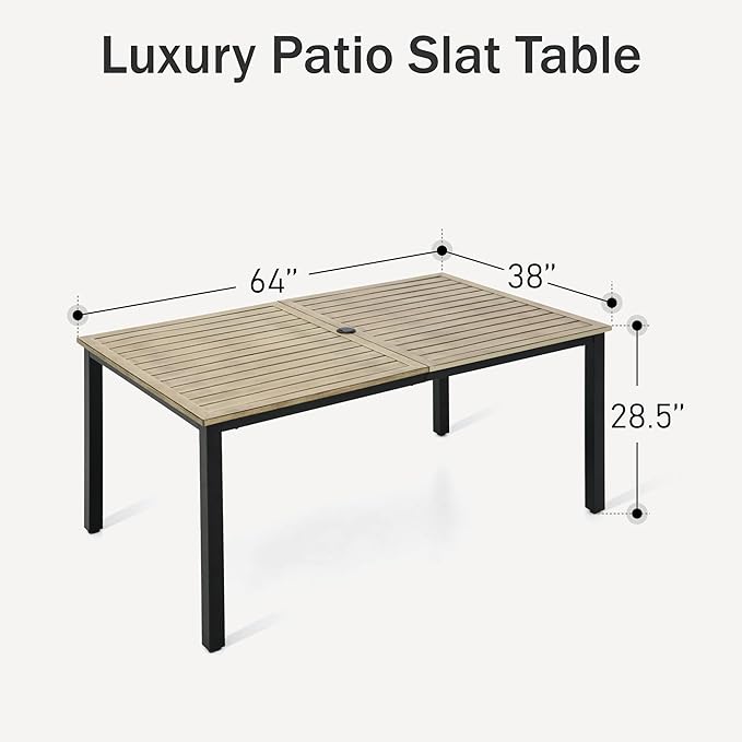 PHI VILLA 64" Rectangle Outdoor Dining Table, Patio Furniture Wood-Like Tabletop with Umbrella Hole for Patio Lawn Backyard Garden, Brown