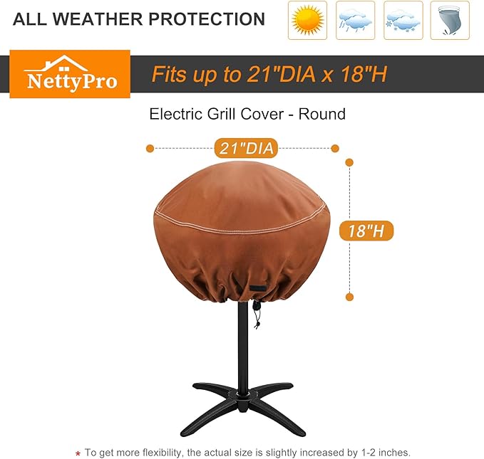 NettyPro Round Grill Cover Waterproof Heavy Duty Outdoor Indoor Electric Portable Stand Grill Cover for George Foreman, Char-Broil, Cuisinart, Homewell, Weber Small Grill and More, Brown