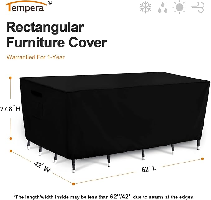 Tempera Patio Furniture Covers,Outdoor Table And Chair Covers Waterproof, Outdoor Dining Set Cover,Heavy Duty Rectangle Patio Furniture Cover,62''L x 42''W x 27.8''H,Black