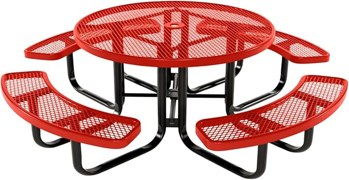 COATEDOUTDOORFURNITURE Heavy-Duty Portable Outdoor Kids Table with Umbrella Hole, Expanded Metal Kids Picnic Table, Commercial-Grade, Made in America (46 in, Round, Childrens, Red)