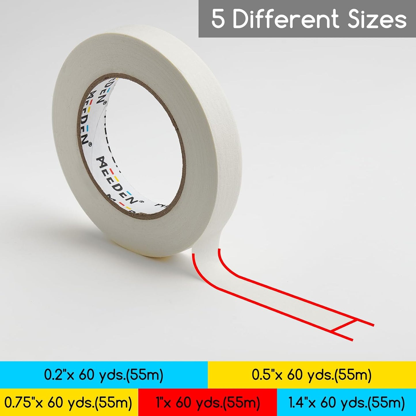 MEEDEN 5 Packs White Artist Tape, 0.2" 0.5" 0.75" 1.0" 1.4" x 60 Yard, Multi-Sized Masking Art Tape, Acid-Free Painters Tape for Painting Drafting Framing, General Purpose for Craft, Office, School