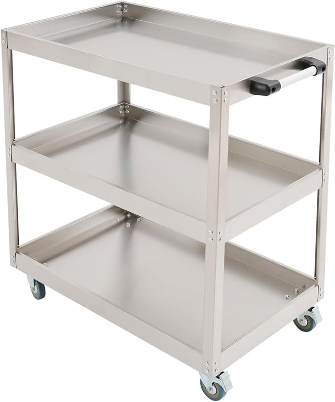 Stainless Steel Utility Cart, Heavy Duty 3-Tier Service Cart with 4 Wheels (2 Locking), 440 lbs Capacity Rolling Cart for Kitchen, Restaurant, Garage, Workshop, Silver