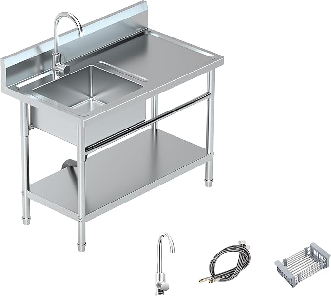 Utility Sink Freestanding Single Bowl Laundry Sink with Hot and Cold Water Plumbing Workbench & Storage Stainless Steel Sink for Kitchen and Bathroom Farmhouse Style, Metallic Gray