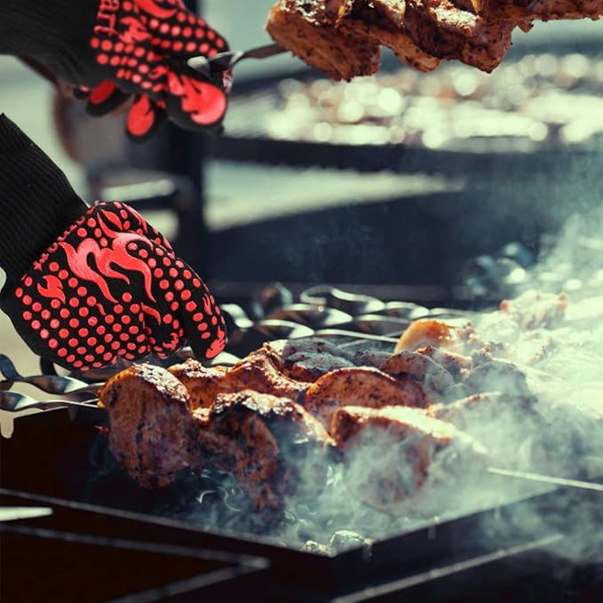 Comsmart BBQ Gloves, 1472 Degree F Heat Resistant Grilling Gloves Silicone Non-Slip Oven Gloves Long Kitchen Gloves for Barbecue, Cooking, Baking, Cutting