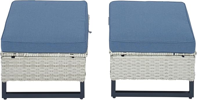 HUMMUH Outdoor Ottomans for Patio Set of 2 PE Wicker Outdoor Footstool with Removable Weather-Resistant Cushions for Patio, Backyard Light Grey Blue