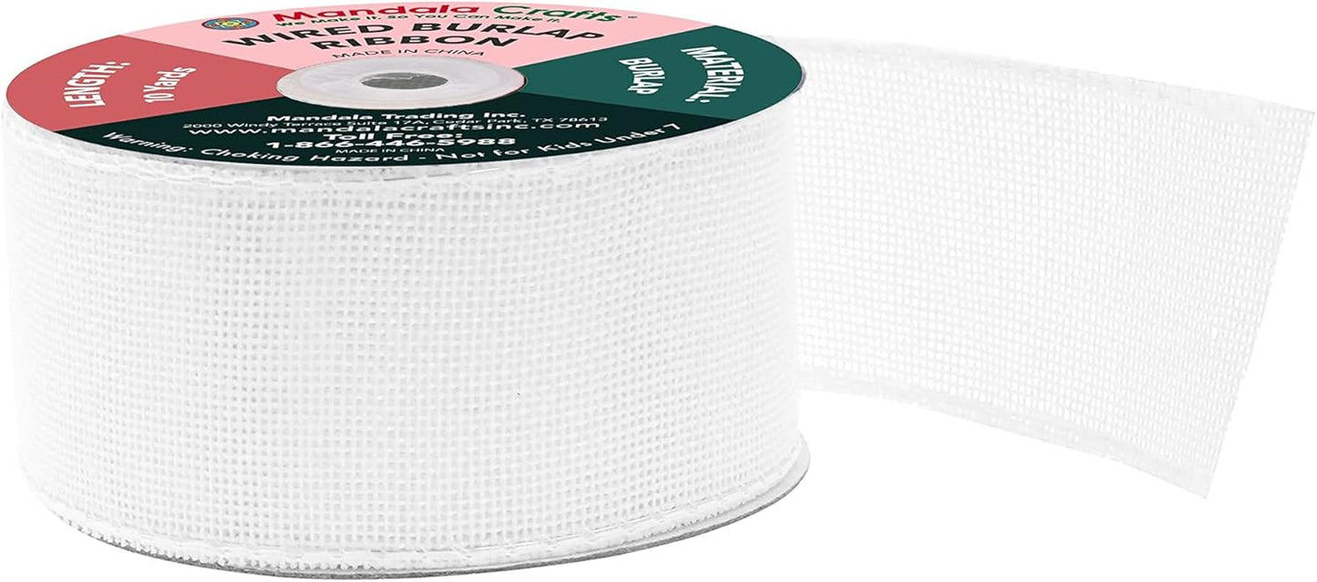Mandala Crafts White Burlap Wired Ribbon 1.5 Inches Wide Jute Ribbons for Crafts - 10 Yds Roll Rustic Burlap Wrap Trim Ribbons for Wreaths Bows Party Decoration