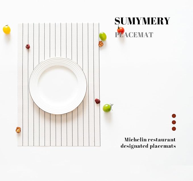 Placemats Set of 8 Vinyl/Plastic Woven Place Mats for Kitchen Table Indoor/Outdoor Washable Placemat Wipeable Dining Table Mats (White Stripes,8)