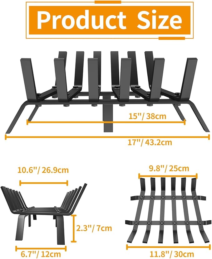 Heavy Duty 17Inch Fireplace Grate, Solid Steel Log Rack for Wood Burning, Extra Wide Firewood Grates for Indoor Fireplace & Outdoor Fire Pit, Wood Stove Grate
