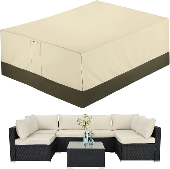 SunPatio Patio Furniture Covers, 600D Waterproof Rectangular/Oval Dining Table and Chairs Cover, All-Weather Protection Outdoor Sectional Conversation Set Cover, Beige and Olive, 88"W x 62"D x 28"H