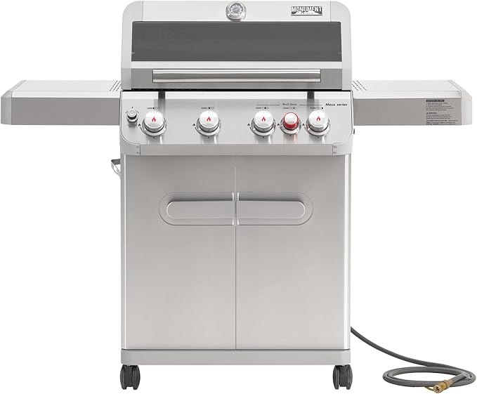 Monument Grills 4+1 Burner Natural Gas Grill with Natural Gas Hose, 50,000 BTU Stainless Steel Outdoor Patio Barbecue Grill, Broil Zone Fast Heating, Knob Lights, and Easy Cleanup, M415BZNG