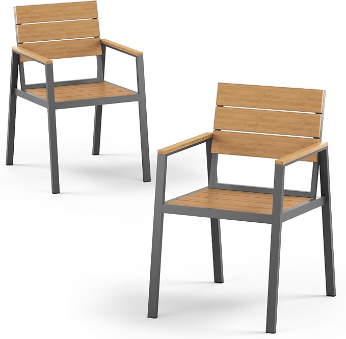 Outdoor Patio Dining Chairs Set of 2, 350LBS Capacity Aluminum Patio Dining Chairs with Armrests, Weather-Resistant for Lawn, Garden, Yard, Poolside and Indoor Use (Gray & Teak)