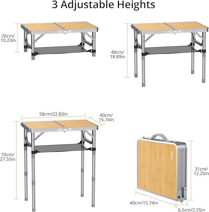 Anbte 2ft Camping Table Foldable, 3 Adjustable Heights High 27.5" Aluminum Small Folding Table with Carrying Handle, Portable, for Outdoor Indoor Picnic Beach BBQ Party Travel, 24" x 16", Yellow
