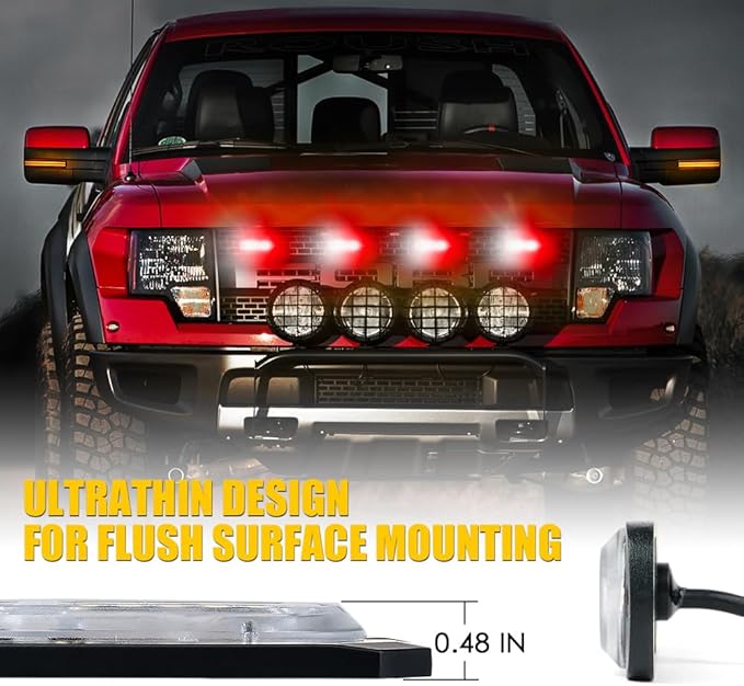 Xprite White Red LED Surface Mount Strobe Lights Kit, w/Control Panel Emergency Safety Warning Flashing Grille Cop Marker Light Assembly for Vehicles Trucks ATV UTV Motorcycle 4PCS