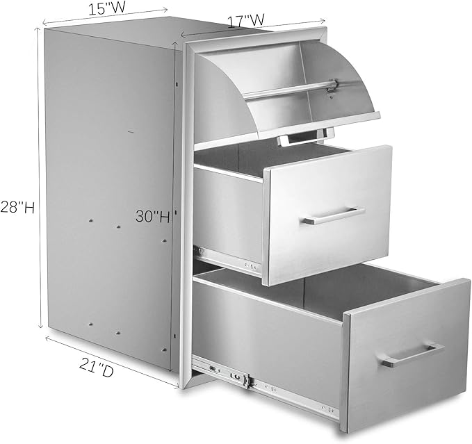 yuxiangBBQ 17" W x 30" H x 21" D Stainless Steel Outdoor Kitchen Drawers BBQ Drawers Double Access Drawer w/Paper Towel Holder Drawer Combo Flush Mount for Outdoor Kitchens Or BBQ Island