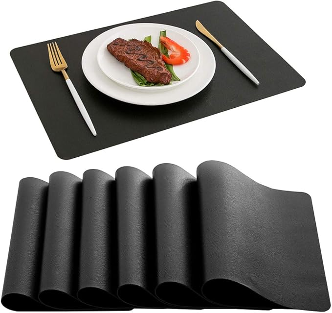 DOLOPL Placemats Set of 6 – Black Wipeable Faux Leather Table Placemats, Waterproof and Heat Resistant Place Mats for Dining Table, Kitchen, and Outdoor Use – Modern Table Mats for Halloween Decor